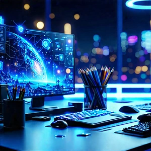 Futuristic (digital:1.33) Workspace With Computer Desk