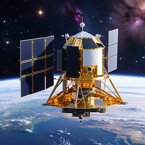 A Spacecraft, Possibly A Satellite Or A Rocket, Flying Through The Sky