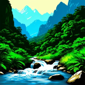 Nature Linocut Print: Mountain Stream Surrounded By Lush Vegetation With Colorful Painting