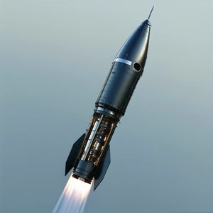 A Rocket Is Shown In Flight, With Its Engine On And Smoke Trailing Behind It