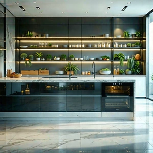 Lifestyle Stock Photography: Modern Kitchen With Organized Space With Showcases Large,