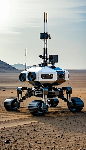 A Large Robotic Vehicle With A Camera On Top Of It, Driving Across A Sandy Terrain