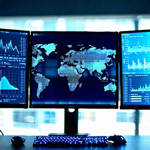 Business Concept Art: Finance professional using multiple monitors