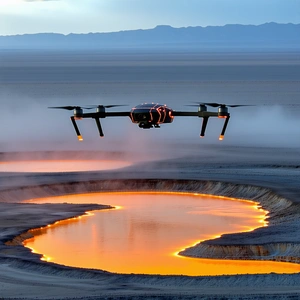 A Large Drone Flying Over A Lake, With A Mountainous Landscape In The Background