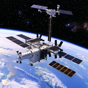 A Space Shuttle With A Large Satellite On Top Of It, Flying Through The Sky