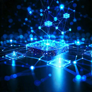 Blockchain Network Visualization With Blue, Three-dimensional