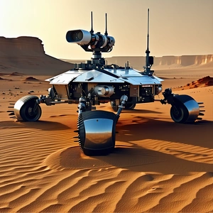 A Large Robotic Vehicle, Possibly A Tank, Sitting In A Desert-like Environment