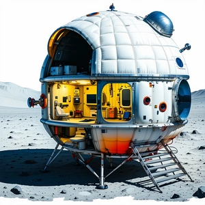 A Large White Spacecraft Is Sitting On A Rocky Surface, With A Small Dome On Top