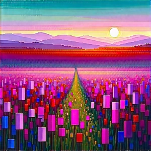 Abstract Pixel Art: Color Field With Complementary Color Palette With Painting Sunset