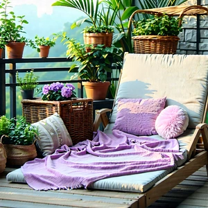 Lifestyle Product Photography: Balcony Garden With Comfortable Textiles With Image, There