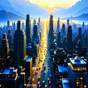 Urban Lithograph: Cityscape Of Modern Metropolis During Sunrise With Colorful, Computer-generated