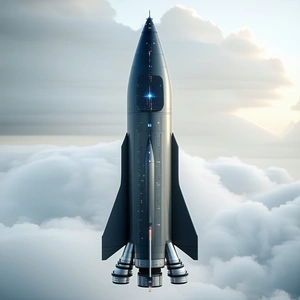 A Rocket Is Flying Through The Sky, With A Cloudy Background