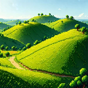 Nature Voxel Art: Rolling Hills During Midday With Beautifully Drawn