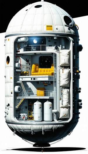 In The Image, There Is A Large White Spacecraft With A Yellow Couch Inside