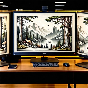 Business Woodcut Print: Education Professional Using Multiple Monitors With Image, There