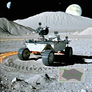 A Large Robotic Vehicle, Possibly A Rover, Driving Across A Rocky Terrain