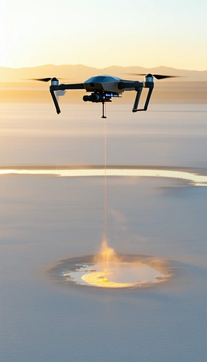 A Large Drone Flying Over A Frozen Lake