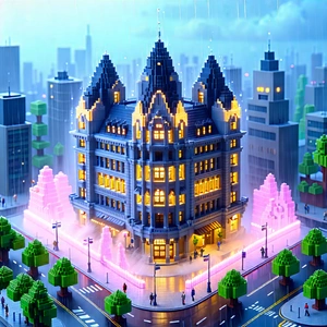 Urban Voxel Art: Famous building with rain-slicked streets