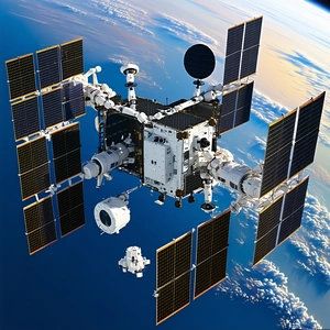 A Large Spacecraft With A White And Black Color Scheme, Floating In The Vast Expanse Of Space