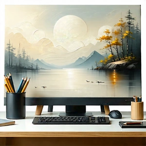 Business Oil Painting: Workplace with modern office supplies on desk