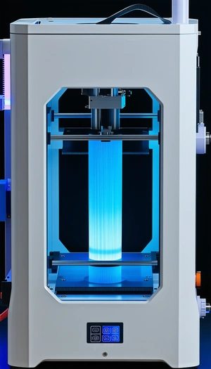 A Large Blue Machine With A Blue Light Shining Through It