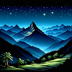 Nature Woodcut Print: Mountain Range During Night With Beautiful Mountain