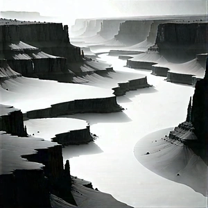 Nature Charcoal Drawing: Aerial View Of Canyon System With Black White