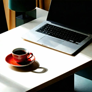 Business Abstract Design: Workplace With Laptop And Coffee On Desk With Laptop Computer