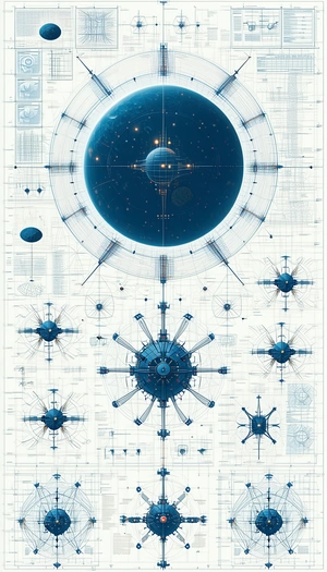 A Blue And White Drawing Of A Space Station Is Displayed