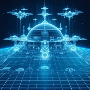 futuristic spacecraft design, featuring large