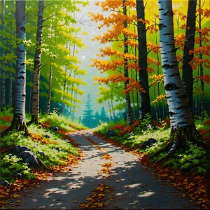 Nature Gouache Painting: Path Through Autumn Woodland With Beautiful Forest