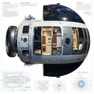 The Image Is A Detailed Drawing Of A Space Station, Showcasing Its Various Components