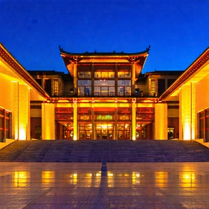 Urban Commercial Photography: Cultural Center With Sunset (glow:1.16) With Large, Ornate