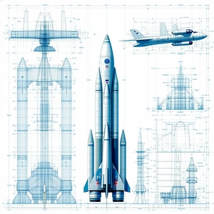 A Space Shuttle Is Shown In A Blue And White Drawing, With A Jet Plane Flying In The Background