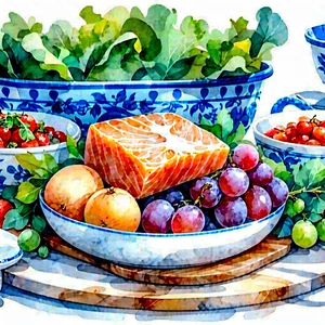 Lifestyle Watercolor Painting: Farm-to-table meal prepared with vibrant colors