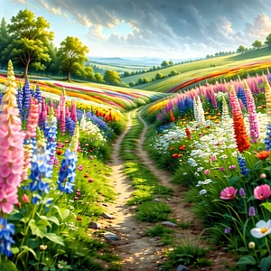 Nature Editorial Photography: Path Through Flowering Meadow With Beautiful, Colorful