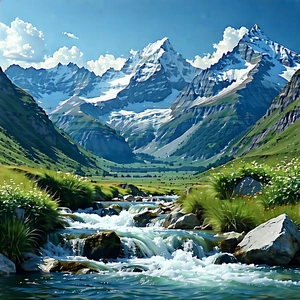 Nature Diagram Style: Mountain Stream Surrounded By Mountain Peaks With Beautiful Mountain