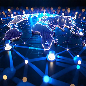 Tech Editorial Photography: Blockchain Network Visualization With Blue Globe