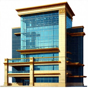 Urban Gouache Painting: Glass Office Tower With Ornate Details With Large, Modern