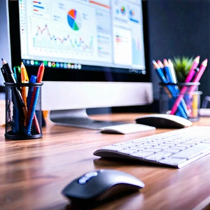 Business Tilt-Shift Photography: Workplace with productivity tools on desk