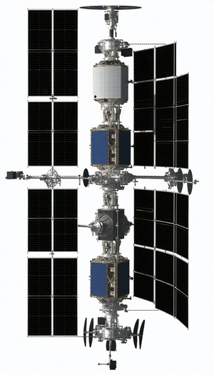A Large Space Station Is Shown In A White And Blue Color Scheme