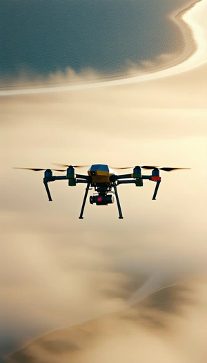 A Small Helicopter Is Flying Through The Sky, With Its Landing Gear Down