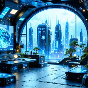 (futuristic:1.5) Tech Startup Office With Futuristic Scene,