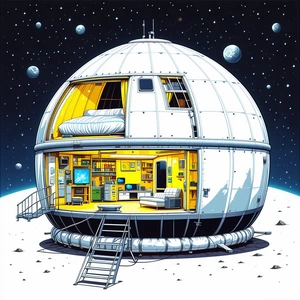 The Image Is A Cartoon Drawing Of A Space Station, Which Is Shaped Like A Large White Sphere