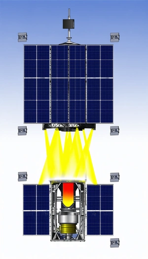 A Large Solar Panel With A Yellow Light Shining Through It