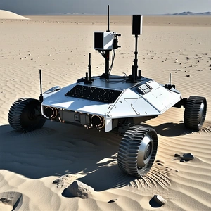 A White Robotic Vehicle, Possibly A Tank Or A Rover, Sitting On A Sandy Surface