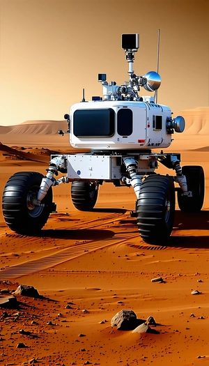 A Large White Robotic Vehicle With Four Large Wheels, Driving Across A Sandy Terrain