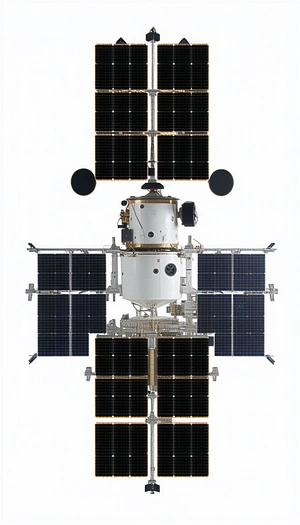 A Spacecraft Is Shown In A Close-up View, With Its Solar Panels And Other Components Clearly Visible