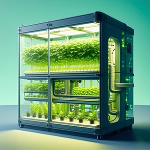 A Large, Green, Illuminated Box Filled With A Variety Of Plants