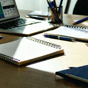 Business Matte Painting: Workplace with notebooks and pens on desk